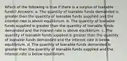 Which of the following is true if there is a surplus of loanable funds? Answers: a. The quantity of loanable funds demanded is greater than the quantity of loanable funds supplied and the interest rate is above equilibrium. b. The quantity of loanable funds supplied is greater than the quantity of loanable funds demanded and the interest rate is above equilibrium. c. The quantity of loanable funds supplied is greater than the quantity of loanable funds demanded and the interest rate is below equilibrium. d. The quantity of loanable funds demanded is greater than the quantity of loanable funds supplied and the interest rate is below equilibrium.