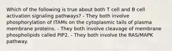 Which of the following is true about both T cell and B cell activation signaling pathways? - They both involve phosphorylation of ITAMs on the cytoplasmic tails of plasma membrane proteins. - They both involve cleavage of membrane phospholipids called PIP2. - They both involve the RAS/MAPK pathway.