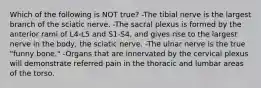 Which of the following is NOT true? -The tibial nerve is the largest branch of the sciatic nerve. -The sacral plexus is formed by the anterior rami of L4-L5 and S1-S4, and gives rise to the largest nerve in the body, the sciatic nerve. -The ulnar nerve is the true "funny bone." -Organs that are innervated by the cervical plexus will demonstrate referred pain in the thoracic and lumbar areas of the torso.