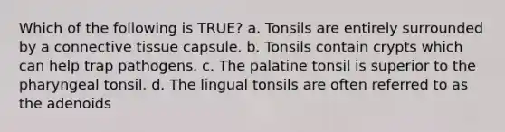 Which of the following is TRUE? a. Tonsils are entirely surrounded by a connective tissue capsule. b. Tonsils contain crypts which can help trap pathogens. c. The palatine tonsil is superior to the pharyngeal tonsil. d. The lingual tonsils are often referred to as the adenoids