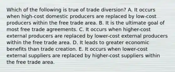 Which of the following is true of trade diversion? A. It occurs when high-cost domestic producers are replaced by low-cost producers within the free trade area. B. It is the ultimate goal of most free trade agreements. C. It occurs when higher-cost external producers are replaced by lower-cost external producers within the free trade area. D. It leads to greater economic benefits than trade creation. E. It occurs when lower-cost external suppliers are replaced by higher-cost suppliers within the free trade area.