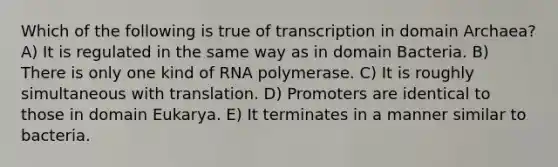 Which of the following is true of transcription in <a href='https://www.questionai.com/knowledge/kfXw10Rlnk-domain-archaea' class='anchor-knowledge'>domain archaea</a>? A) It is regulated in the same way as in <a href='https://www.questionai.com/knowledge/knPqsjgNUD-domain-bacteria' class='anchor-knowledge'>domain bacteria</a>. B) There is only one kind of RNA polymerase. C) It is roughly simultaneous with translation. D) Promoters are identical to those in domain Eukarya. E) It terminates in a manner similar to bacteria.