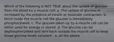 Which of the following is NOT TRUE about the uptake of glucose from the blood by a muscle cell: a. The uptake of glucose in increased by the presence of insulin or muscular contraction. b. Once inside the muscle cell the glucose is immediately phosphorylated. c. The glucose taken up by a muscle cell can be either used for energy or stored. d. The glucose can be dephosphorylated and sent back outside the muscle cell to keep blood glucose levels constant . e. all the above