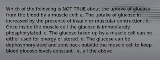 Which of the following is NOT TRUE about the uptake of glucose from the blood by a muscle cell: a. The uptake of glucose in increased by the presence of insulin or muscular contraction. b. Once inside the muscle cell the glucose is immediately phosphorylated. c. The glucose taken up by a muscle cell can be either used for energy or stored. d. The glucose can be dephosphorylated and sent back outside the muscle cell to keep blood glucose levels constant . e. all the above