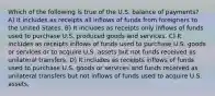 Which of the following is true of the U.S. balance of payments? A) It includes as receipts all inflows of funds from foreigners to the United States. B) It includes as receipts only inflows of funds used to purchase U.S. produced goods and services. C) It includes as receipts inflows of funds used to purchase U.S. goods or services or to acquire U.S. assets but not funds received as unilateral transfers. D) It includes as receipts inflows of funds used to purchase U.S. goods or services and funds received as unilateral transfers but not inflows of funds used to acquire U.S. assets.