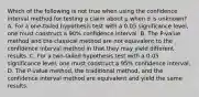 Which of the following is not true when using the confidence interval method for testing a claim about μ when σ is​ unknown? A. For a​ one-tailed hypothesis test with a 0.05 significance​ level, one must construct a​ 90% confidence interval. B. The​ P-value method and the classical method are not equivalent to the confidence interval method in that they may yield different results. C. For a​ two-tailed hypothesis test with a 0.05 significance​ level, one must construct a​ 95% confidence interval. D. The​ P-value method, the traditional​ method, and the confidence interval method are equivalent and yield the same results.