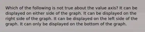 Which of the following is not true about the value axis? It can be displayed on either side of the graph. It can be displayed on the right side of the graph. It can be displayed on the left side of the graph. It can only be displayed on the bottom of the graph.