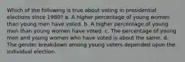 Which of the following is true about voting in presidential elections since 1980? a. A higher percentage of young women than young men have voted. b. A higher percentage of young men than young women have voted. c. The percentage of young men and young women who have voted is about the same. d. The gender breakdown among young voters depended upon the individual election.