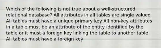 Which of the following is not true about a well-structured relational database? All attributes in all tables are single valued All tables must have a unique primary key All non-key attributes in a table must be an attribute of the entity identified by the table or it must a foreign key linking the table to another table All tables must have a foreign key