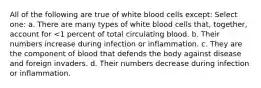 All of the following are true of white blood cells except: Select one: a. There are many types of white blood cells that, together, account for <1 percent of total circulating blood. b. Their numbers increase during infection or inflammation. c. They are the component of blood that defends the body against disease and foreign invaders. d. Their numbers decrease during infection or inflammation.