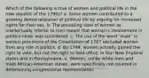 Which of the following is true of women and political life in the new republic of the 1790s? a. Some women contributed to a growing democratization of political life by arguing for increased rights for their sex. b. The prevailing view of women as intellectually inferior to men meant that women's involvement in politics never was considered. c. The use of the word "male" in various provisions of the Constitution of 1787 excluded women from any role in politics. d. By 1799, women actually gained the right to vote, but not the right to hold office, in four New England states and in Pennsylvania. e. Women, unlike white men and male African-American slaves, were specifically not counted in determining congressional representation.