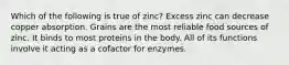 Which of the following is true of zinc? Excess zinc can decrease copper absorption. Grains are the most reliable food sources of zinc. It binds to most proteins in the body. All of its functions involve it acting as a cofactor for enzymes.