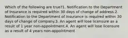 Which of the following are true?1. Notification to the Department of Insurance is required within 30 days of change of address.2. Notification to the Department of Insurance is required within 30 days of change of company.3. An agent will lose licensure as a result of 1 year non-appointment.4. An agent will lose licensure as a result of 4 years non-appointment