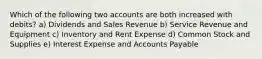 Which of the following two accounts are both increased with debits? a) Dividends and Sales Revenue b) Service Revenue and Equipment c) Inventory and Rent Expense d) Common Stock and Supplies e) Interest Expense and Accounts Payable