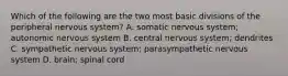 Which of the following are the two most basic divisions of the peripheral nervous system? A. somatic nervous system; autonomic nervous system B. central nervous system; dendrites C. sympathetic nervous system; parasympathetic nervous system D. brain; spinal cord