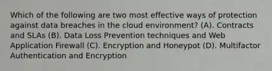 Which of the following are two most effective ways of protection against data breaches in the cloud environment? (A). Contracts and SLAs (B). Data Loss Prevention techniques and Web Application Firewall (C). Encryption and Honeypot (D). Multifactor Authentication and Encryption