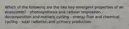 Which of the following are the two key emergent properties of an ecosystem? - photosynthesis and cellular respiration - decomposition and nutrient cycling - energy flow and chemical cycling - solar radiation and primary production