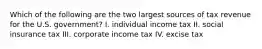 Which of the following are the two largest sources of tax revenue for the U.S. government? I. individual income tax II. social insurance tax III. corporate income tax IV. excise tax