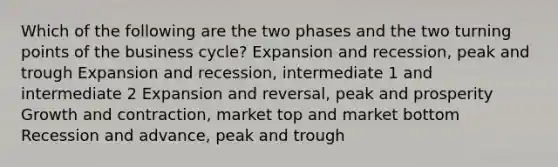 Which of the following are the two phases and the two turning points of the business cycle? Expansion and recession, peak and trough Expansion and recession, intermediate 1 and intermediate 2 Expansion and reversal, peak and prosperity Growth and contraction, market top and market bottom Recession and advance, peak and trough