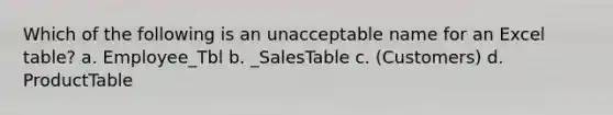 Which of the following is an unacceptable name for an Excel table? a. Employee_Tbl b. _SalesTable c. (Customers) d. ProductTable