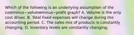 Which of the following is an underlying assumption of the costminus−volumeminus−profit ​graph? A. Volume is the only cost driver. B. Total fixed expenses will change during the accounting period. C. The sales mix of products is constantly changing. D. Inventory levels are constantly changing.