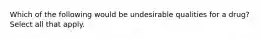 Which of the following would be undesirable qualities for a drug? Select all that apply.