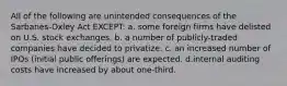 All of the following are unintended consequences of the Sarbanes-Oxley Act EXCEPT: a. some foreign firms have delisted on U.S. stock exchanges. b. a number of publicly-traded companies have decided to privatize. c. an increased number of IPOs (initial public offerings) are expected. d.internal auditing costs have increased by about one-third.