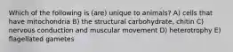 Which of the following is (are) unique to animals? A) cells that have mitochondria B) the structural carbohydrate, chitin C) nervous conduction and muscular movement D) heterotrophy E) flagellated gametes