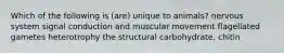 Which of the following is (are) unique to animals? nervous system signal conduction and muscular movement flagellated gametes heterotrophy the structural carbohydrate, chitin