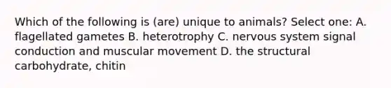 Which of the following is (are) unique to animals? Select one: A. flagellated gametes B. heterotrophy C. <a href='https://www.questionai.com/knowledge/kThdVqrsqy-nervous-system' class='anchor-knowledge'>nervous system</a> signal conduction and muscular movement D. the structural carbohydrate, chitin