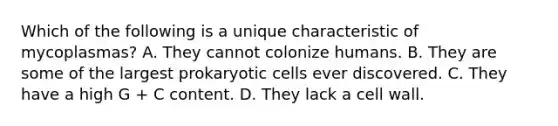 Which of the following is a unique characteristic of mycoplasmas? A. They cannot colonize humans. B. They are some of the largest prokaryotic cells ever discovered. C. They have a high G + C content. D. They lack a cell wall.