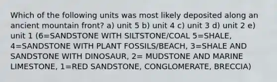 Which of the following units was most likely deposited along an ancient mountain front? a) unit 5 b) unit 4 c) unit 3 d) unit 2 e) unit 1 (6=SANDSTONE WITH SILTSTONE/COAL 5=SHALE, 4=SANDSTONE WITH PLANT FOSSILS/BEACH, 3=SHALE AND SANDSTONE WITH DINOSAUR, 2= MUDSTONE AND MARINE LIMESTONE, 1=RED SANDSTONE, CONGLOMERATE, BRECCIA)