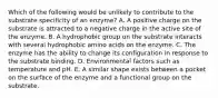 Which of the following would be unlikely to contribute to the substrate specificity of an enzyme? A. A positive charge on the substrate is attracted to a negative charge in the active site of the enzyme. B. A hydrophobic group on the substrate interacts with several hydrophobic amino acids on the enzyme. C. The enzyme has the ability to change its configuration in response to the substrate binding. D. Environmental factors such as temperature and pH. E. A similar shape exists between a pocket on the surface of the enzyme and a functional group on the substrate.