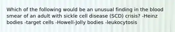 Which of the following would be an unusual finding in the blood smear of an adult with sickle cell disease (SCD) crisis? -Heinz bodies -target cells -Howell-Jolly bodies -leukocytosis