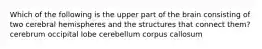 Which of the following is the upper part of the brain consisting of two cerebral hemispheres and the structures that connect them? cerebrum occipital lobe cerebellum corpus callosum