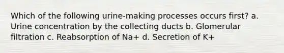 Which of the following urine-making processes occurs first? a. Urine concentration by the collecting ducts b. Glomerular filtration c. Reabsorption of Na+ d. Secretion of K+