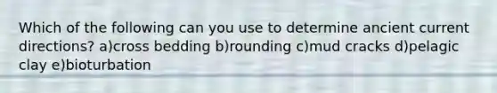 Which of the following can you use to determine ancient current directions? a)cross bedding b)rounding c)mud cracks d)pelagic clay e)bioturbation