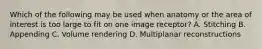 Which of the following may be used when anatomy or the area of interest is too large to fit on one image receptor? A. Stitching B. Appending C. Volume rendering D. Multiplanar reconstructions