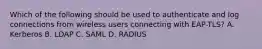 Which of the following should be used to authenticate and log connections from wireless users connecting with EAP-TLS? A. Kerberos B. LDAP C. SAML D. RADIUS