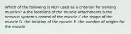 Which of the following is NOT used as a criterion for naming muscles? A.the locations of the muscle attachments B.the nervous system's control of the muscle C.the shape of the muscle D. the location of the muscle E. the number of origins for the muscle