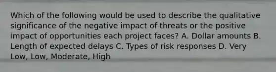 Which of the following would be used to describe the qualitative significance of the negative impact of threats or the positive impact of opportunities each project faces? A. Dollar amounts B. Length of expected delays C. Types of risk responses D. Very Low, Low, Moderate, High