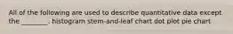 All of the following are used to describe quantitative data except the ________. histogram stem-and-leaf chart dot plot pie chart