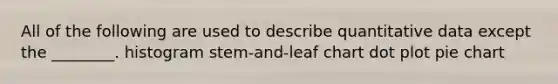 All of the following are used to describe quantitative data except the ________. histogram stem-and-leaf chart dot plot pie chart