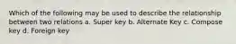 Which of the following may be used to describe the relationship between two relations a. Super key b. Alternate Key c. Compose key d. Foreign key