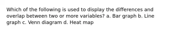 Which of the following is used to display the differences and overlap between two or more variables? a. Bar graph b. Line graph c. Venn diagram d. Heat map