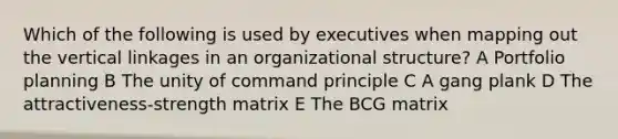 Which of the following is used by executives when mapping out the vertical linkages in an organizational structure? A Portfolio planning B The unity of command principle C A gang plank D The attractiveness-strength matrix E The BCG matrix