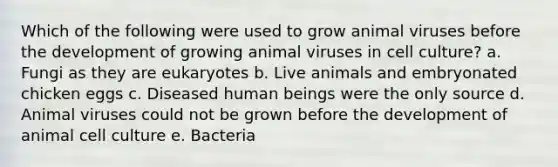 Which of the following were used to grow animal viruses before the development of growing animal viruses in cell culture? a. Fungi as they are eukaryotes b. Live animals and embryonated chicken eggs c. Diseased human beings were the only source d. Animal viruses could not be grown before the development of animal cell culture e. Bacteria