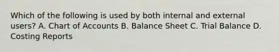 Which of the following is used by both internal and external​ users? A. Chart of Accounts B. Balance Sheet C. Trial Balance D. Costing Reports