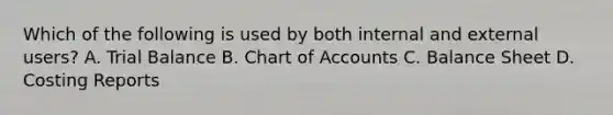 Which of the following is used by both internal and external​ users? A. Trial Balance B. Chart of Accounts C. Balance Sheet D. Costing Reports