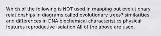 Which of the following is NOT used in mapping out evolutionary relationships in diagrams called evolutionary trees? similarities and differences in DNA biochemical characteristics physical features reproductive isolation All of the above are used.